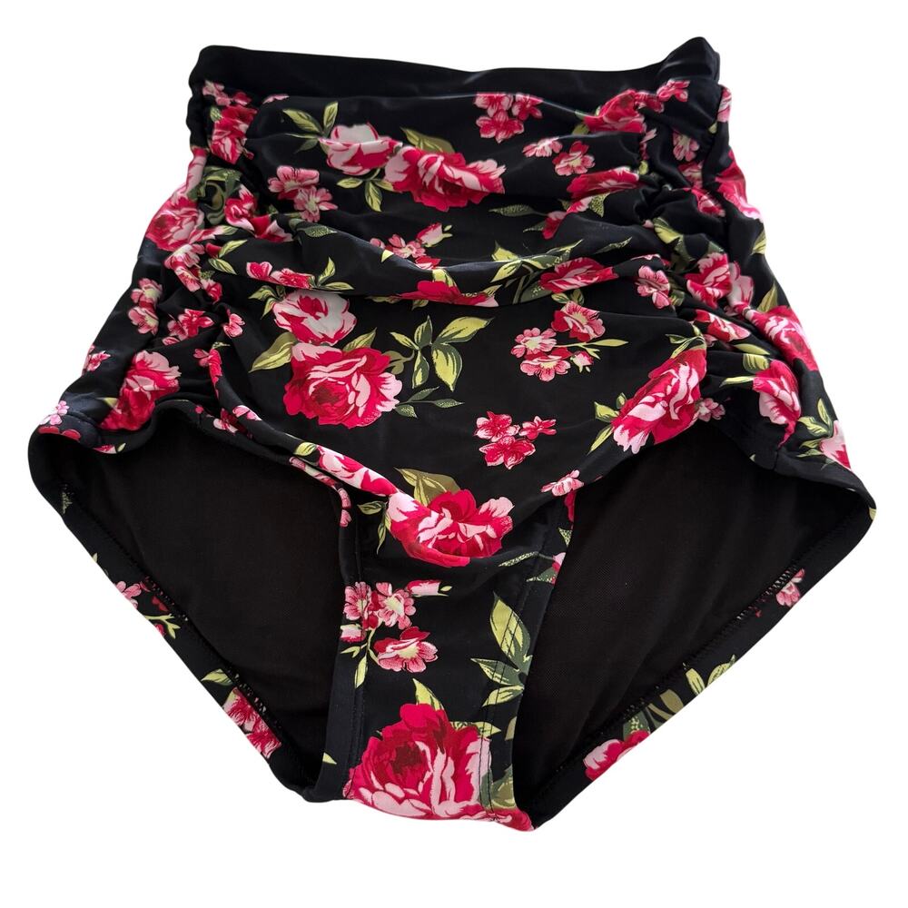 Unique Vintage Black Red Roses Monroe High Waist Bikini Bottom  S NWOT